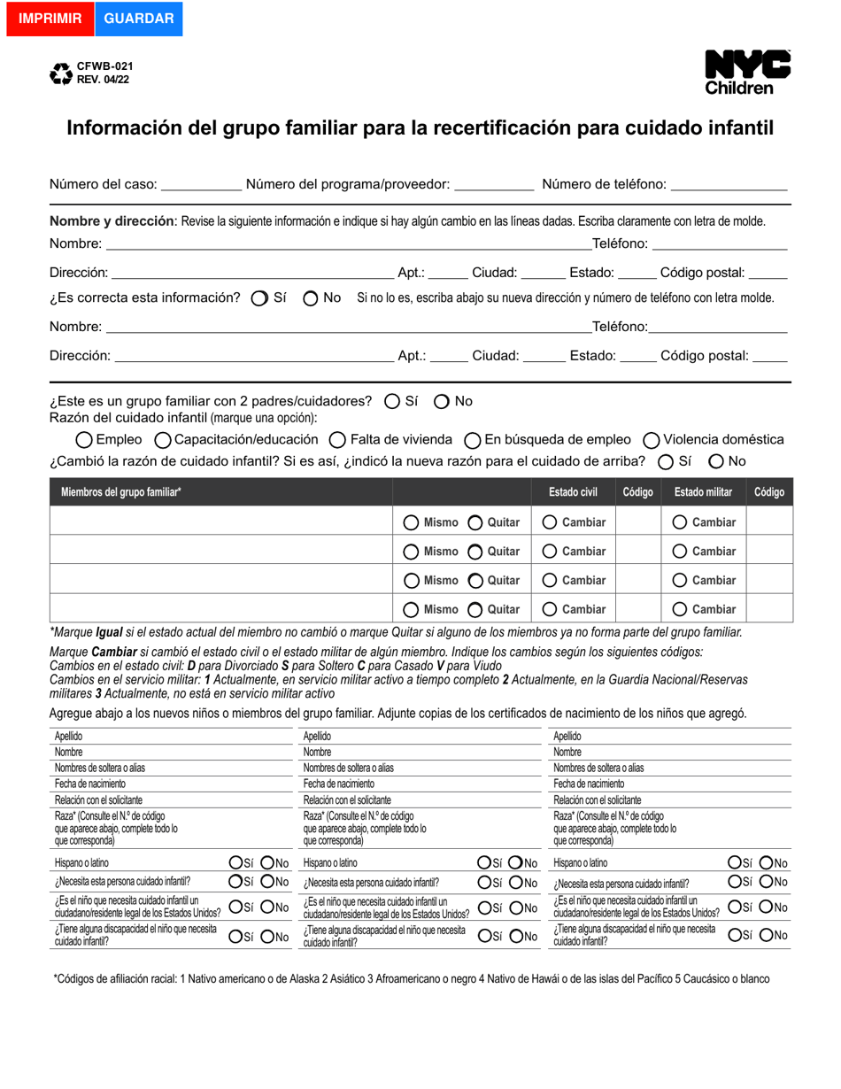 Formulario CFWB-021 Informacion Del Grupo Familiar Para La Recertificacion Para Cuidado Infantil - New York City (Spanish), Page 1