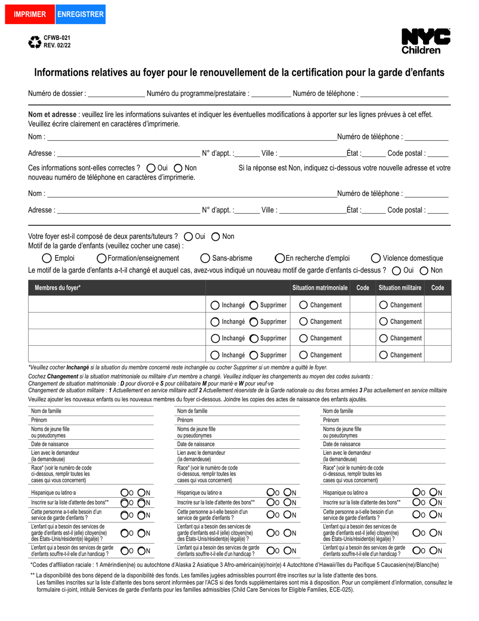 Form CFWB-021 Household Information for Child Care Recertification - New York City (French), Page 1