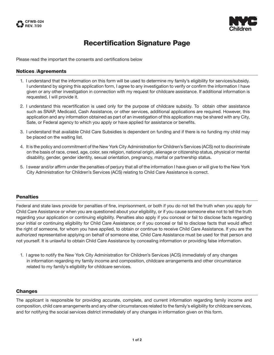 Form CFWB-024 Recertification Signature Page - New York City, Page 1