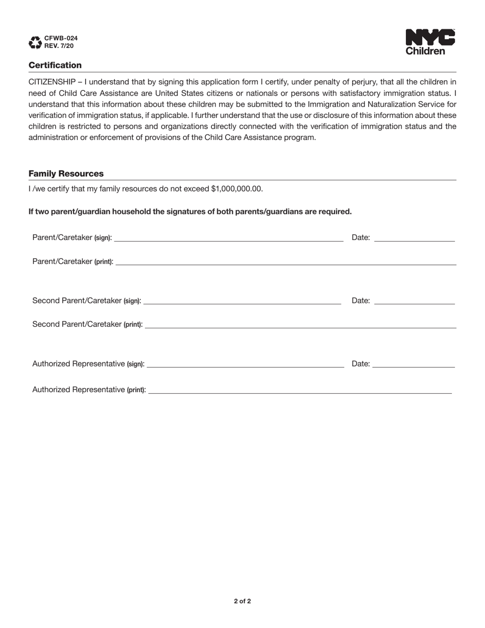 Form CFWB-024 Recertification Signature Page - New York City, Page 2