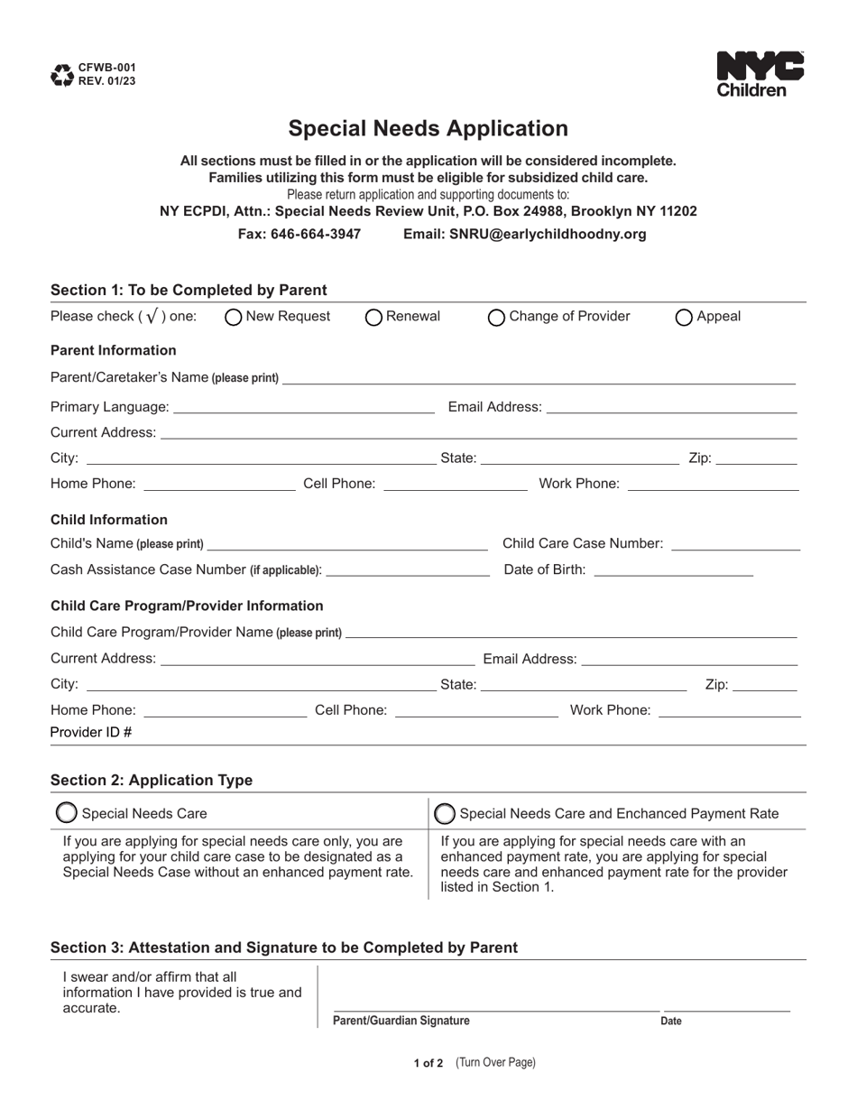 Form CFWB-001 Special Needs Application - New York City, Page 1