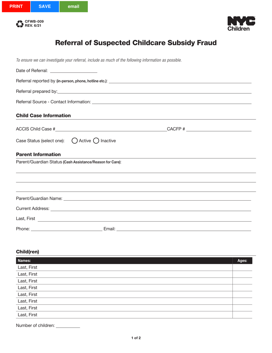 Form CFWB-009 Referral of Suspected Childcare Subsidy Fraud - New York City, Page 1