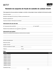 Document preview: Formulario CFWB-009 Remision De Sospecha De Fraude De Subsidio De Cuidado Infantil - New York City (Spanish)