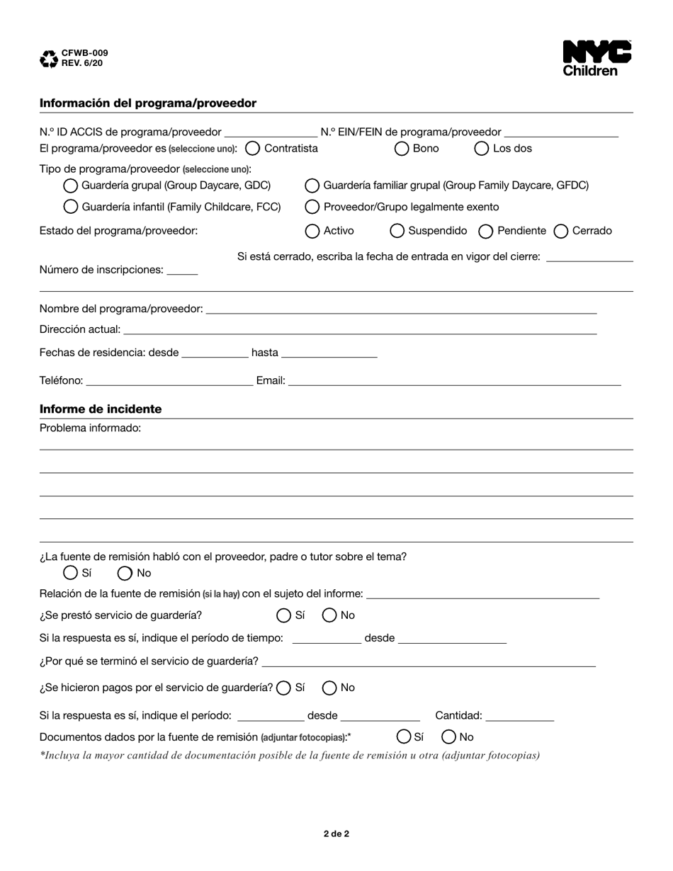 Formulario CFWB-009 Remision De Sospecha De Fraude De Subsidio De Cuidado Infantil - New York City (Spanish), Page 2