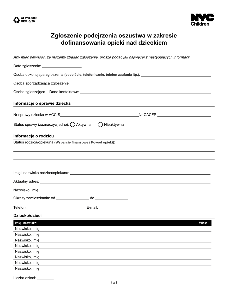 Form CFWB-009 Referral of Suspected Childcare Subsidy Fraud - New York City (Polish), Page 1