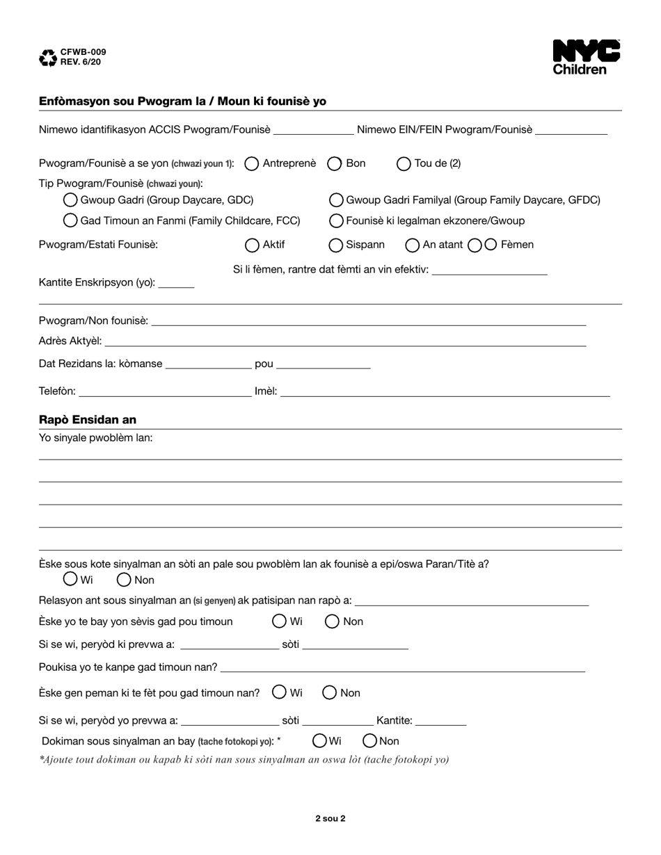 Form CFWB-009 Referral of Suspected Childcare Subsidy Fraud - New York City (Haitian Creole), Page 2