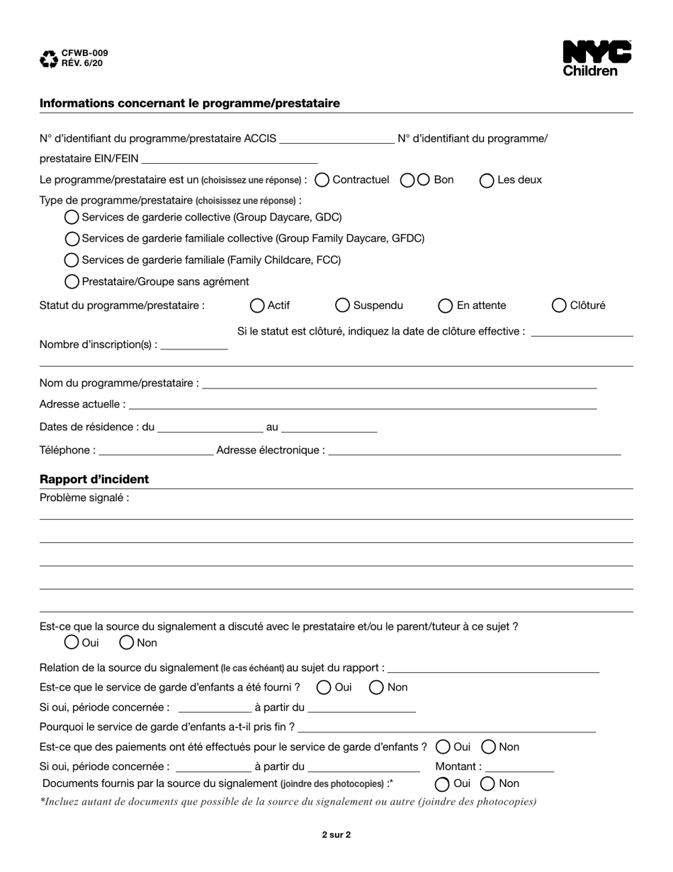 Form CFWB-009 Referral of Suspected Childcare Subsidy Fraud - New York City (French), Page 2