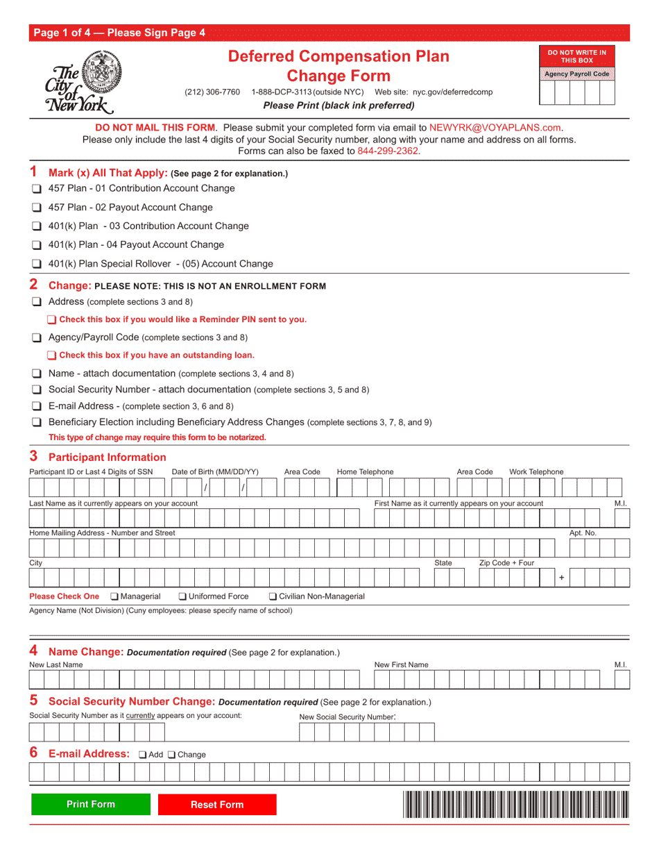 New York City Deferred Compensation Plan Change Form Fill Out, Sign