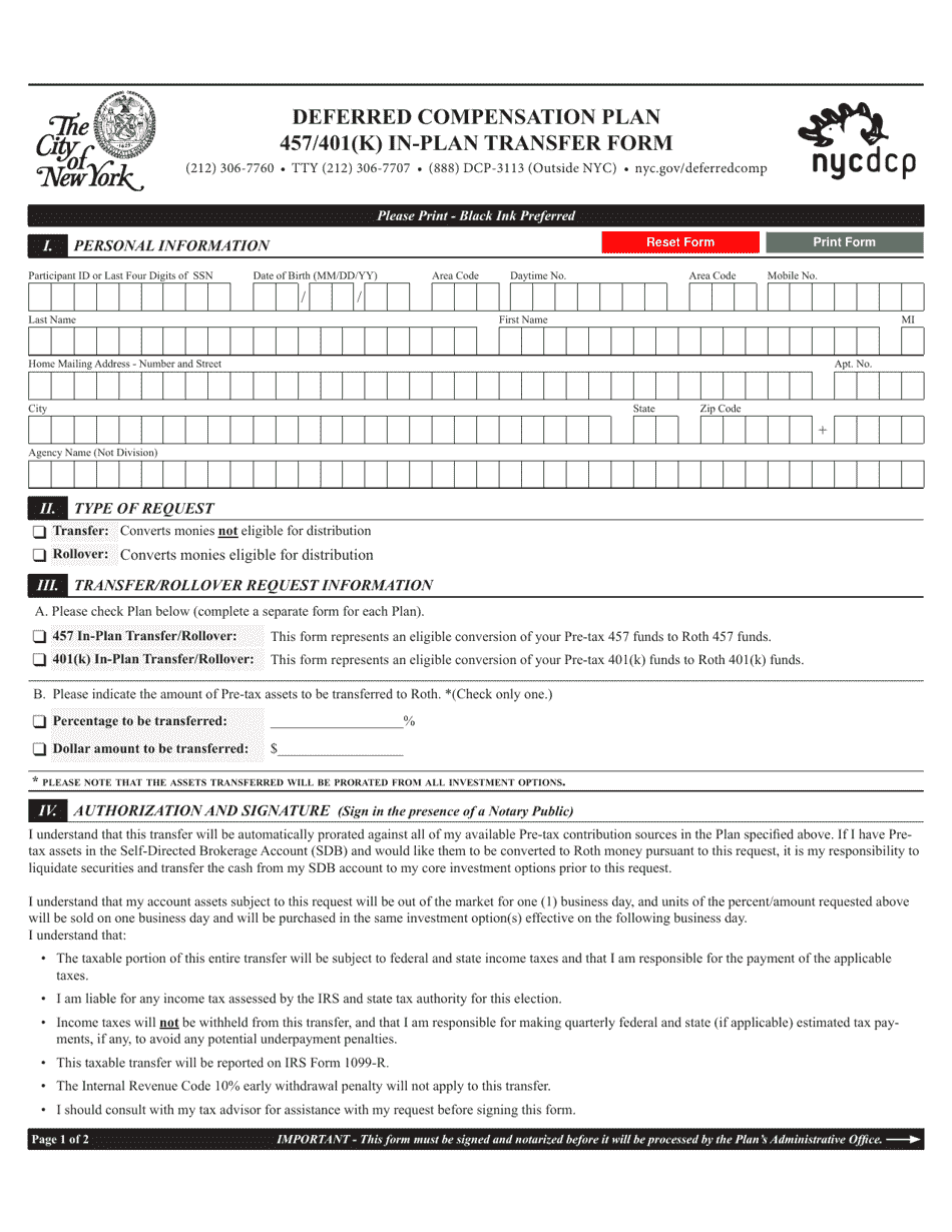 New York City Deferred Compensation Plan 457/401(K) inPlan Transfer