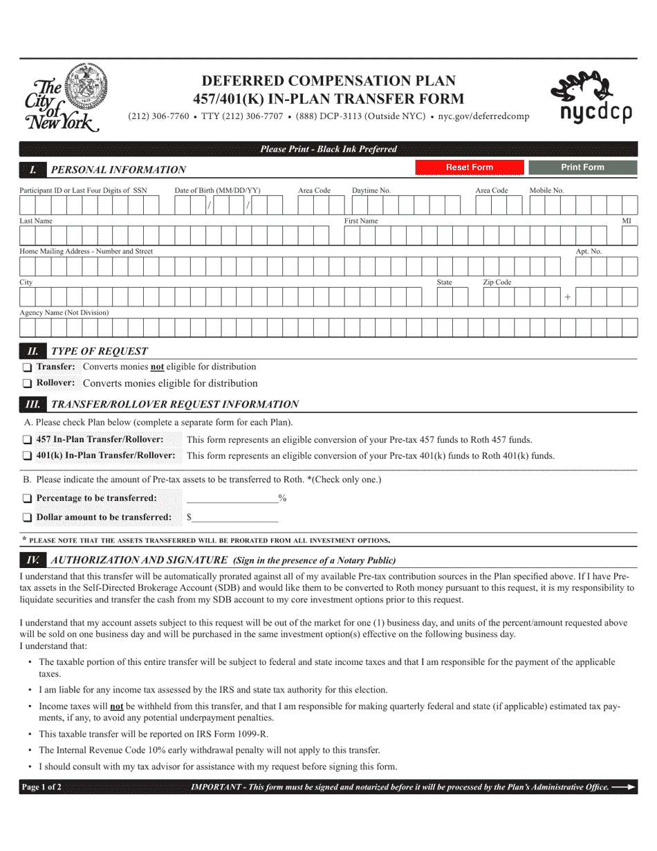 Deferred Compensation Plan 457 / 401(K) in-Plan Transfer Form - New York City, Page 1