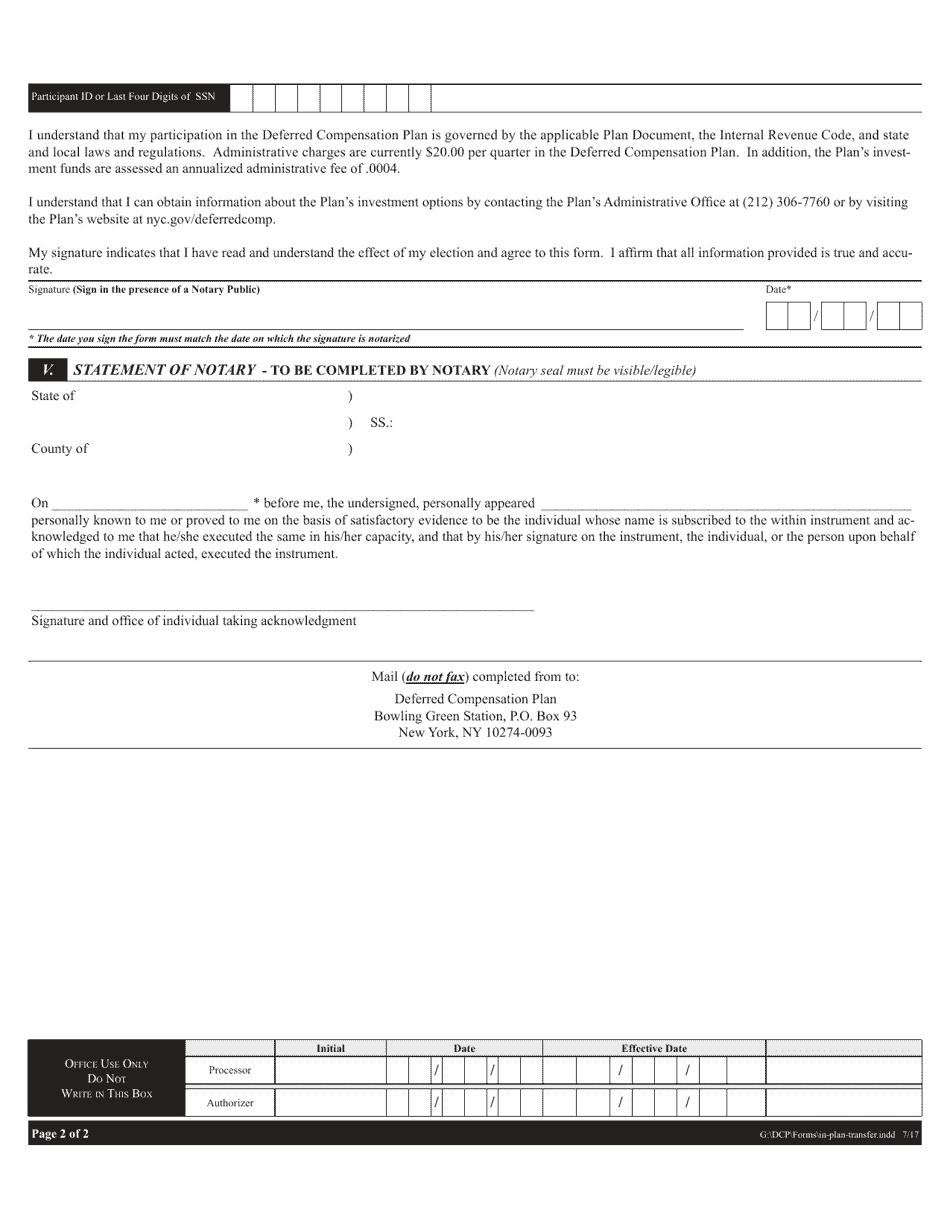 New York City Deferred Compensation Plan 457/401(K) inPlan Transfer