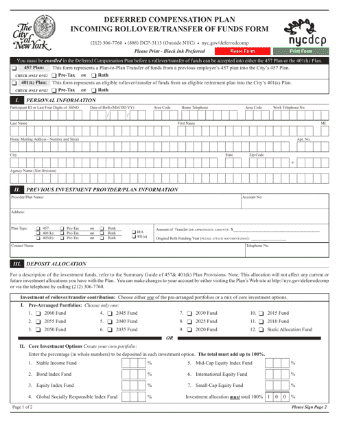 Deferred Compensation Plan Incoming Rollover / Transfer of Funds Form - New York City Download Pdf
