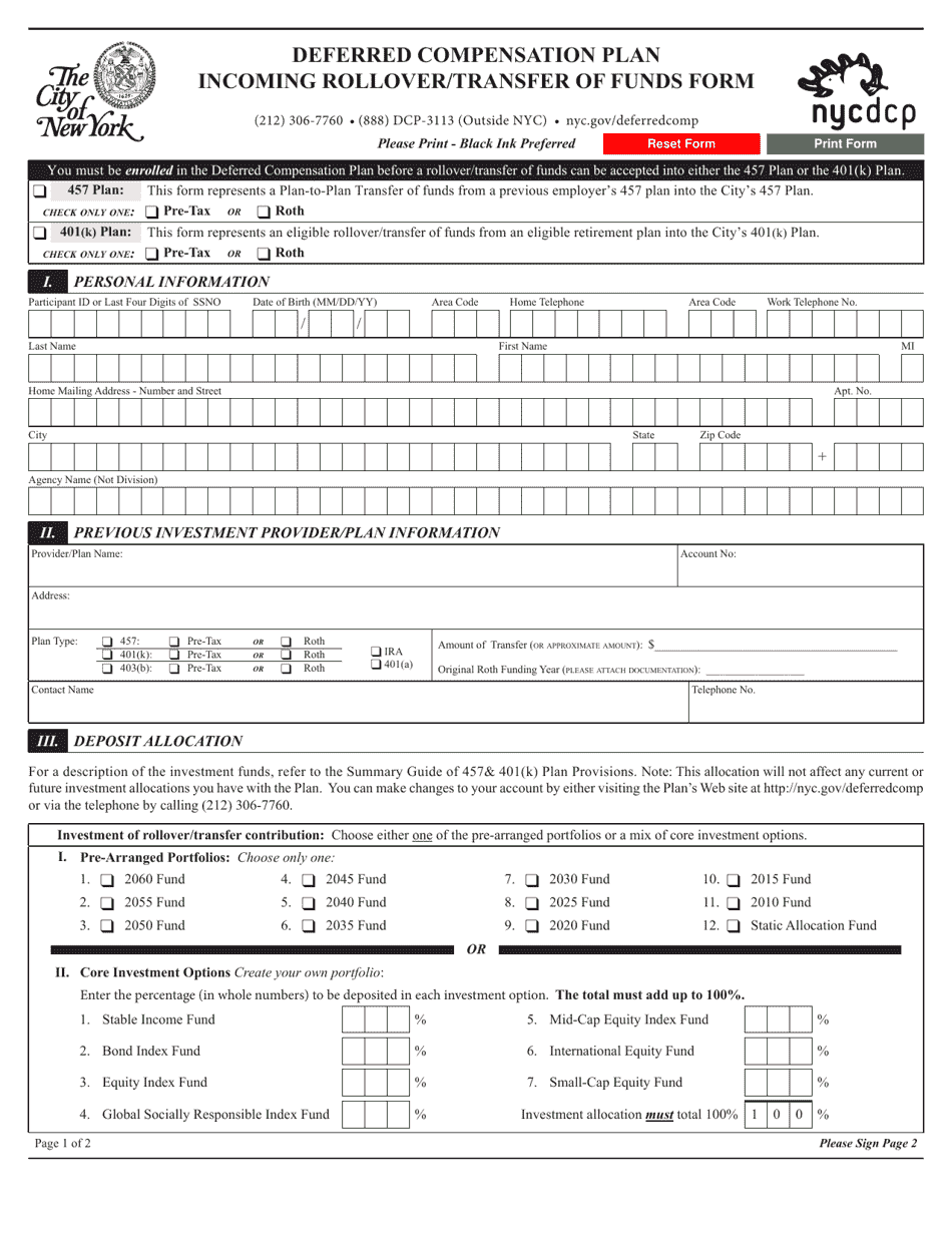 New York City Deferred Compensation Plan Rollover/Transfer of