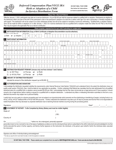 Deferred Compensation Plan / Nyce Ira Birth or Adoption of a Child In-Service Distribution Form - New York City Download Pdf