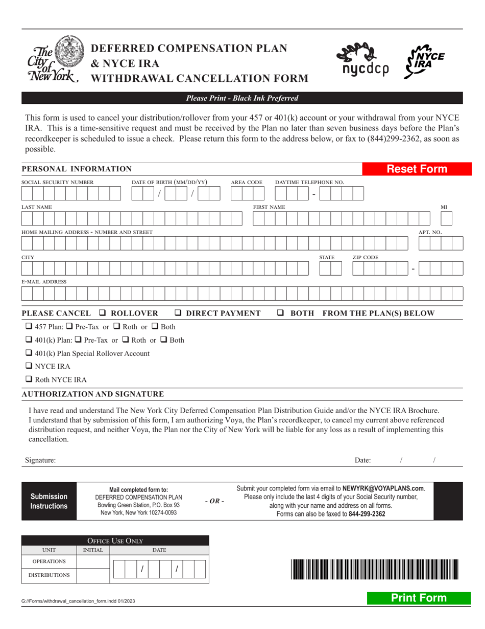 Deferred Compensation Plan  Nyce Ira Withdrawal Cancellation Form - New York City, Page 1