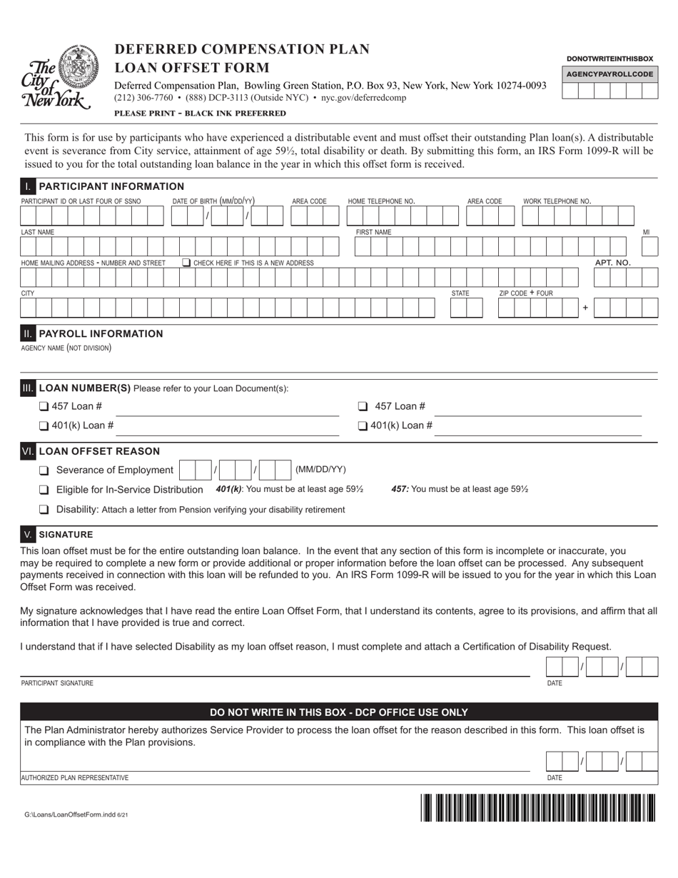 Deferred Compensation Plan Loan Offset Form - New York City, Page 1