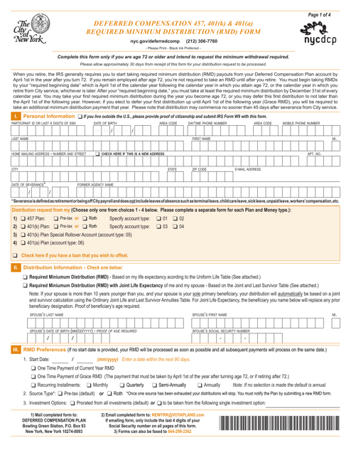 Deferred Compensation 457, 401(K) & 401(A) Required Minimum Distribution (Rmd) Form - New York City Download Pdf