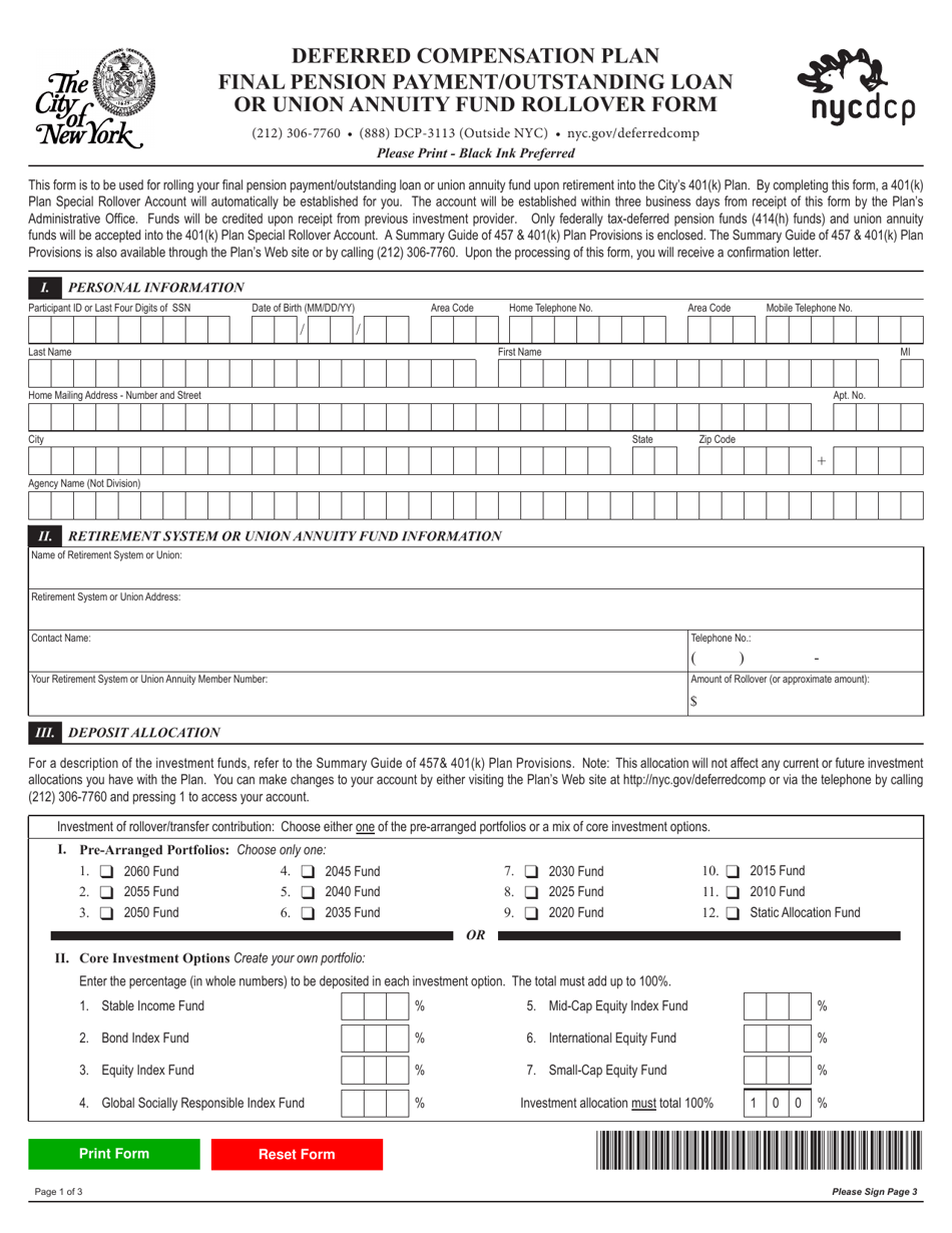 Deferred Compensation Plan Final Pension Payment / Outstanding Loan or Union Annuity Fund Rollover Form - New York City, Page 1