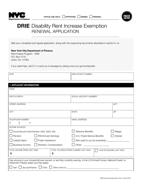 Disability Rent Increase Exemption (Drie) Renewal Application - New York City Download Pdf