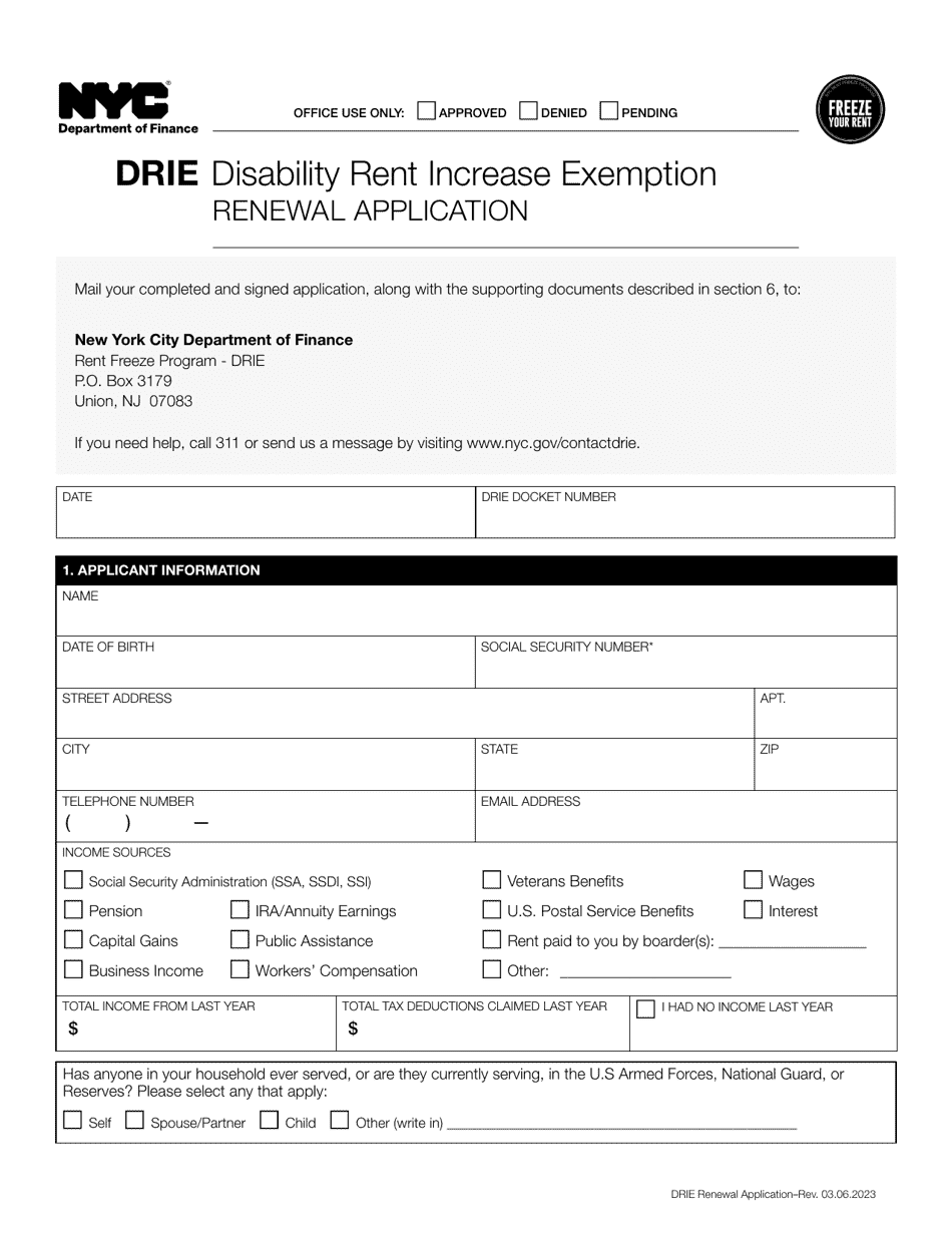 Disability Rent Increase Exemption (Drie) Renewal Application - New York City, Page 1