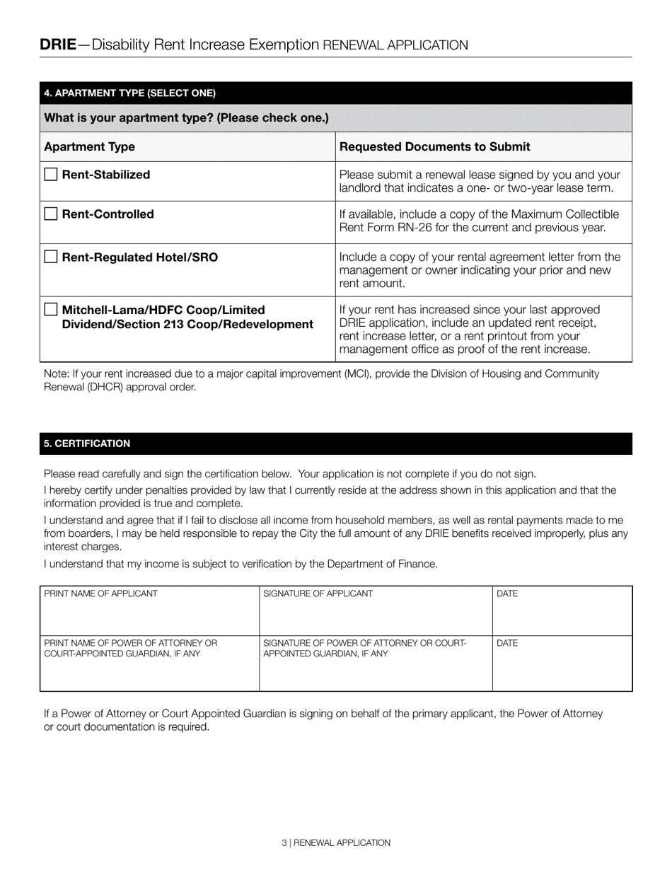 New York City Disability Rent Increase Exemption Drie Renewal Application Fill Out Sign 0455