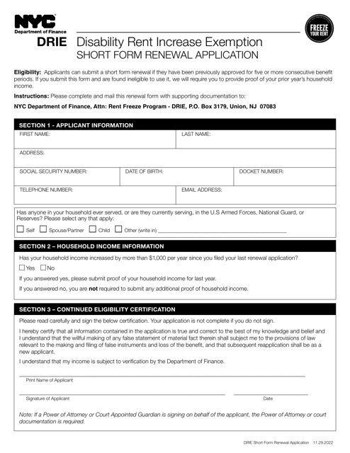 Disability Rent Increase Exemption Short Form Renewal Application - New York City Download Pdf