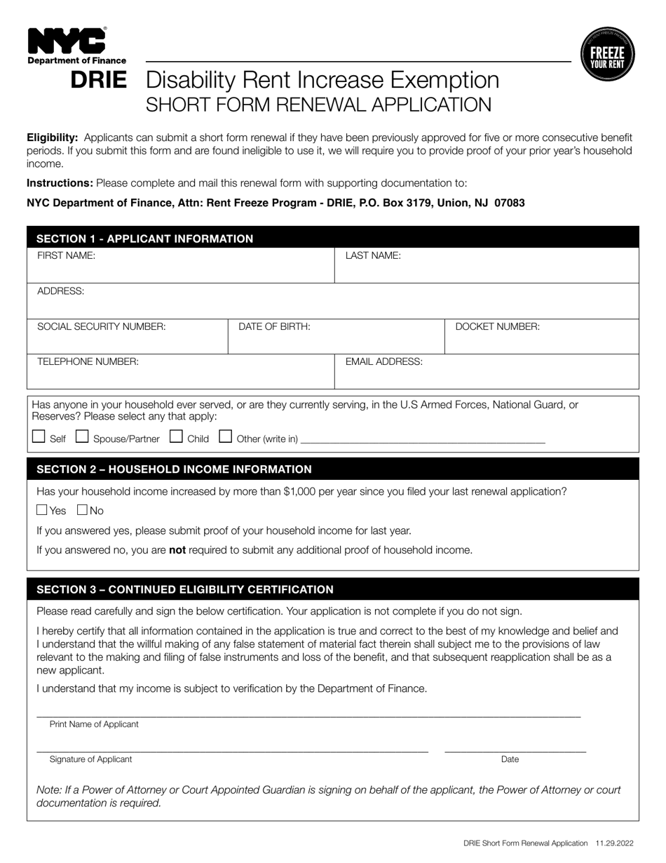Disability Rent Increase Exemption Short Form Renewal Application - New York City, Page 1