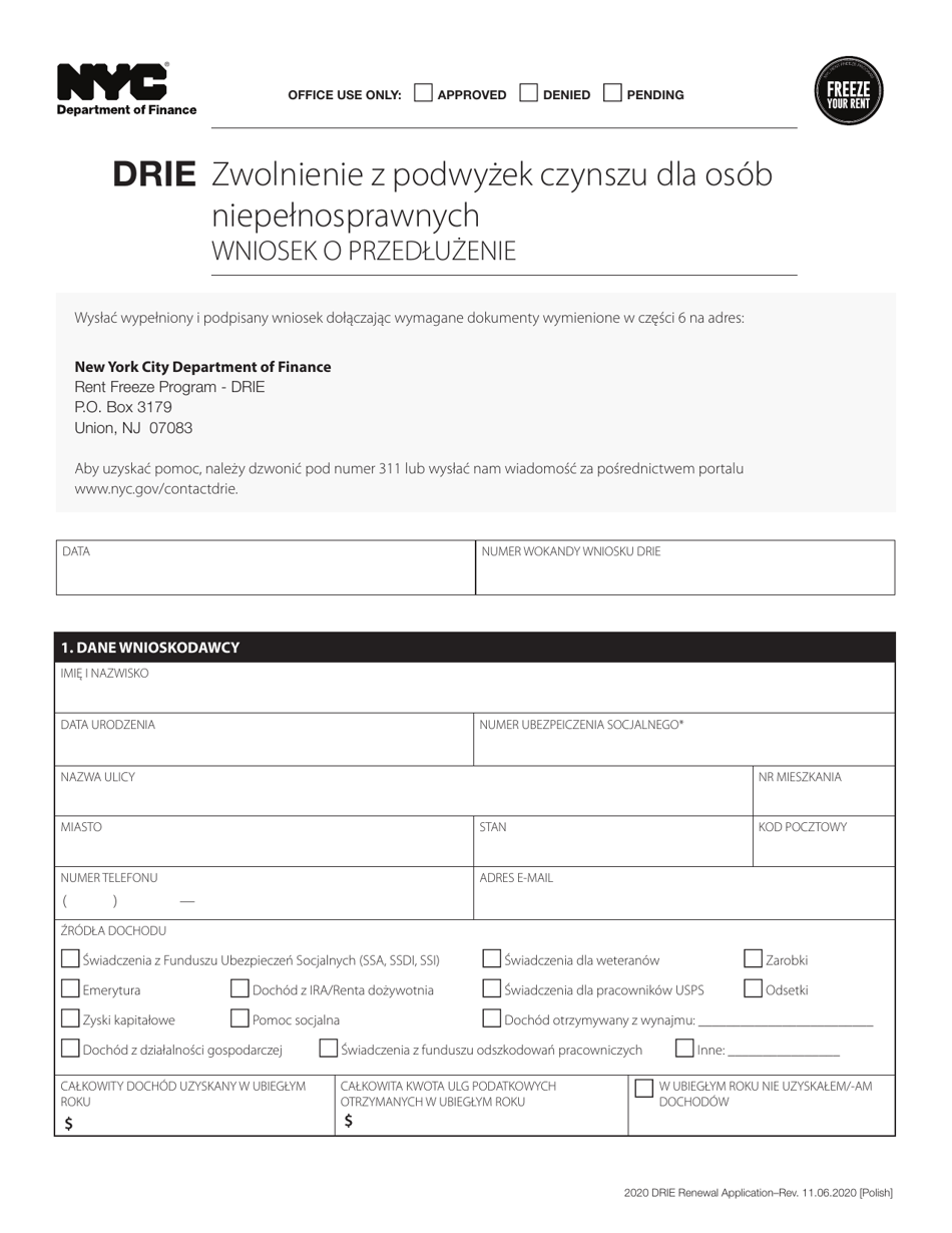 Disability Rent Increase Exemption Renewal Application - New York City (Polish), Page 1