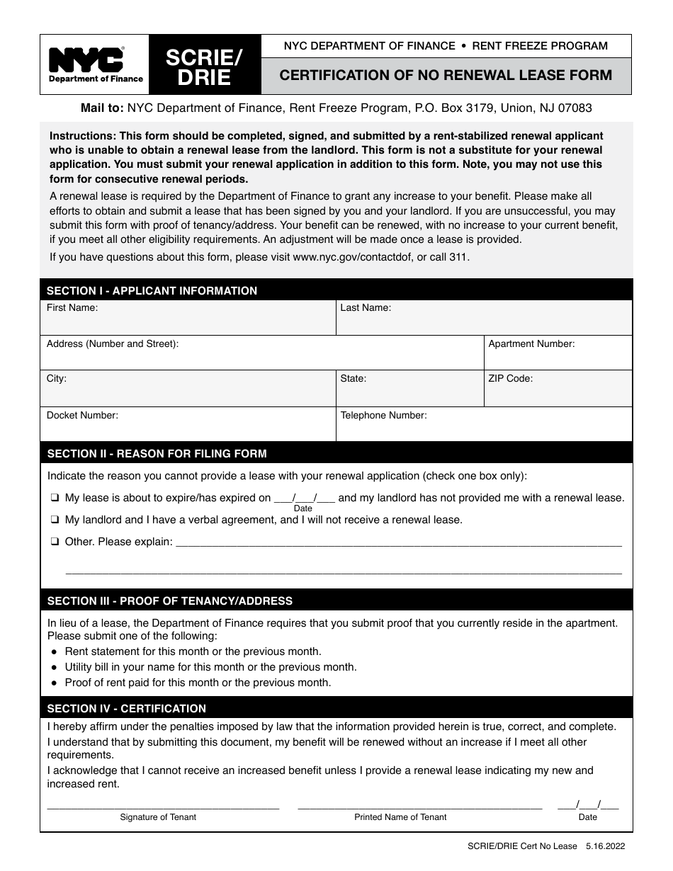 Scrie / Drie Certification of No Renewal Lease Form - New York City, Page 1