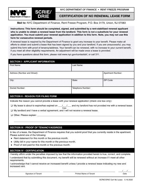 Scrie / Drie Certification of No Renewal Lease Form - New York City Download Pdf