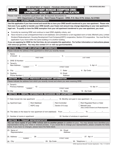 Disability Rent Increase Exemption (Drie) Apartment Benefit Transfer Application - New York City Download Pdf