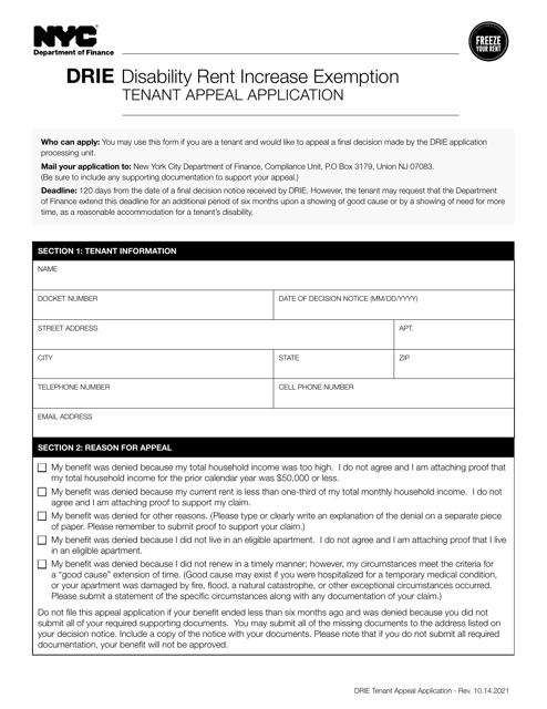 Disability Rent Increase Exemption Tenant Appeal Application - New York City