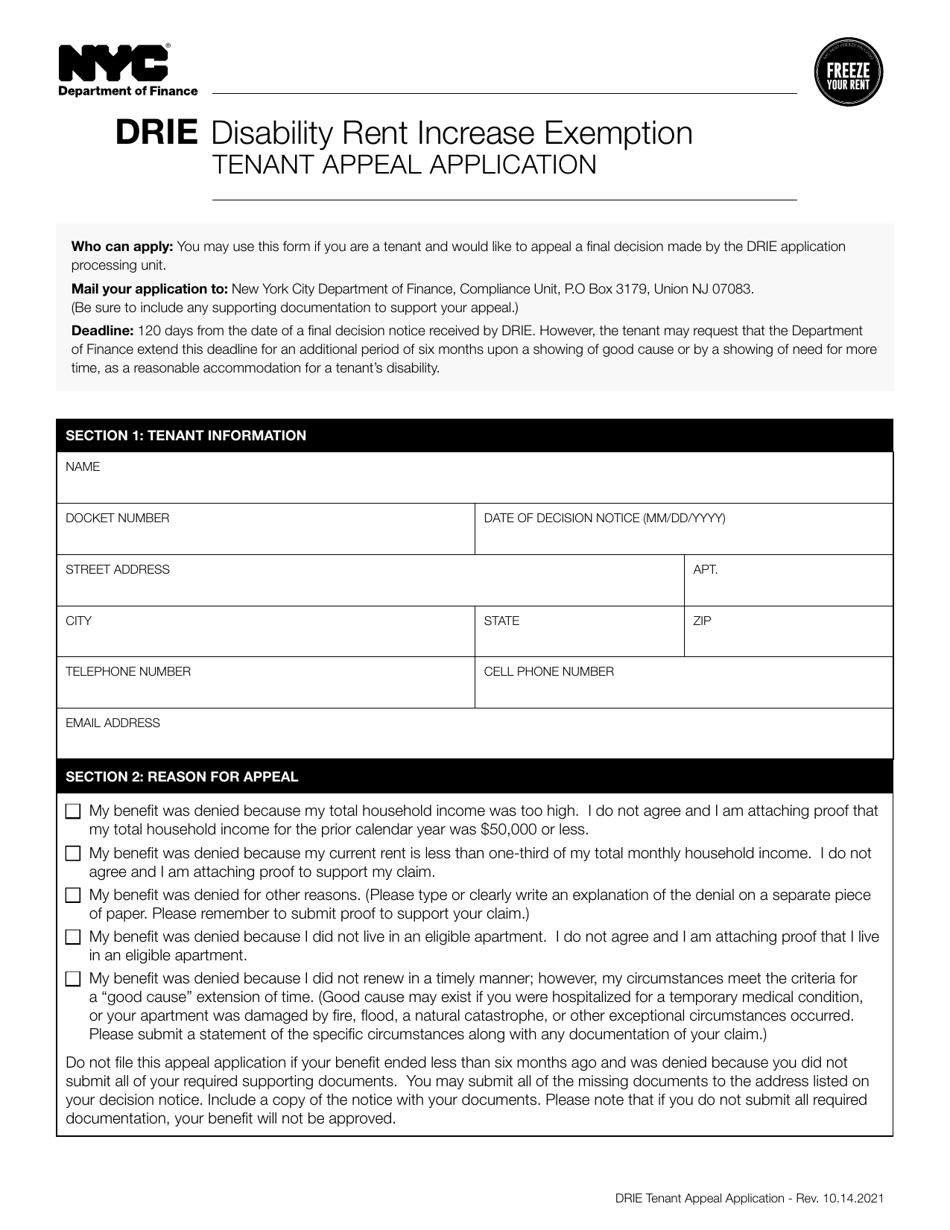 Disability Rent Increase Exemption Tenant Appeal Application - New York City, Page 1