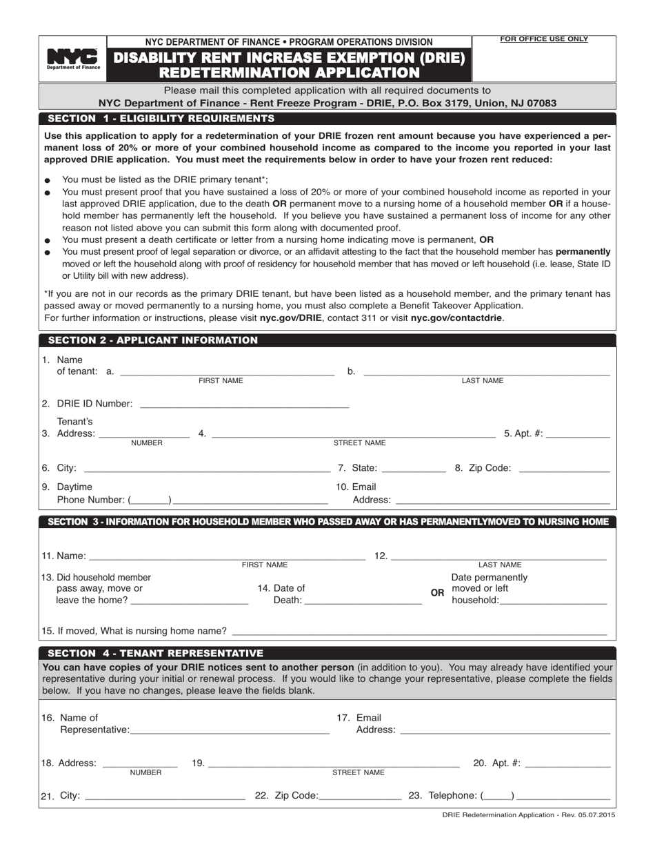 Disability Rent Increase Exemption (Drie) Redetermination Application - New York City, Page 1