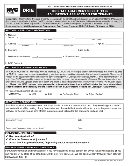 Drie Tax Abatement Credit (Tac) Adjustment Application for Tenants - New York City Download Pdf