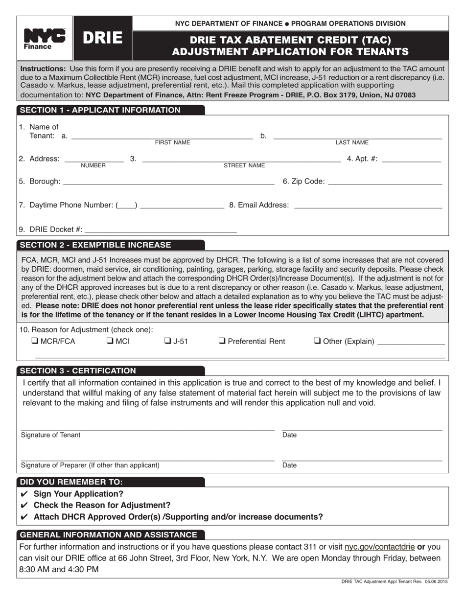 Drie Tax Abatement Credit (Tac) Adjustment Application for Tenants - New York City, Page 1