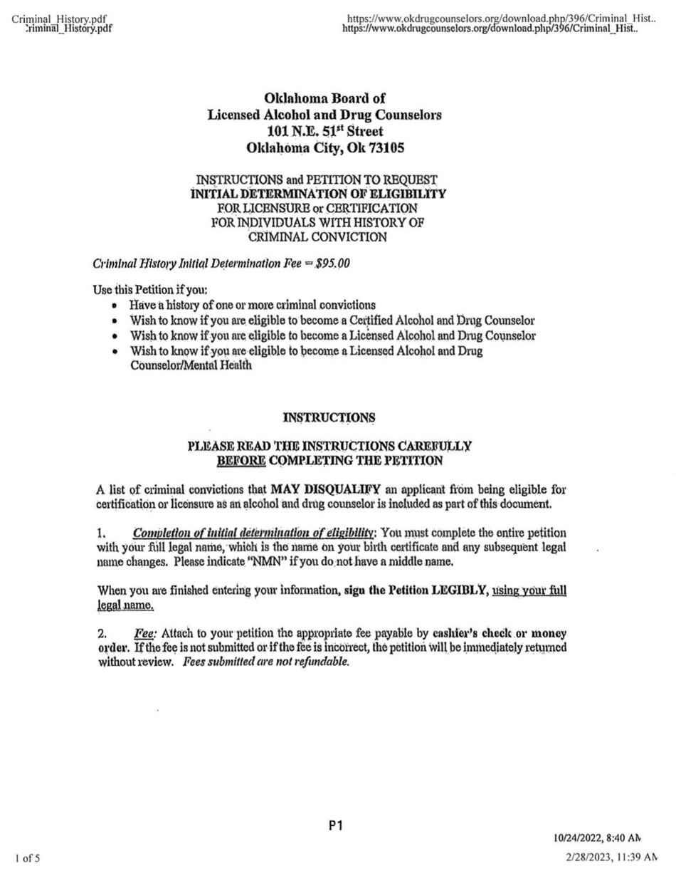 Petition for Initial Determination of Eligibility for Licensure or Certification - Oklahoma, Page 1