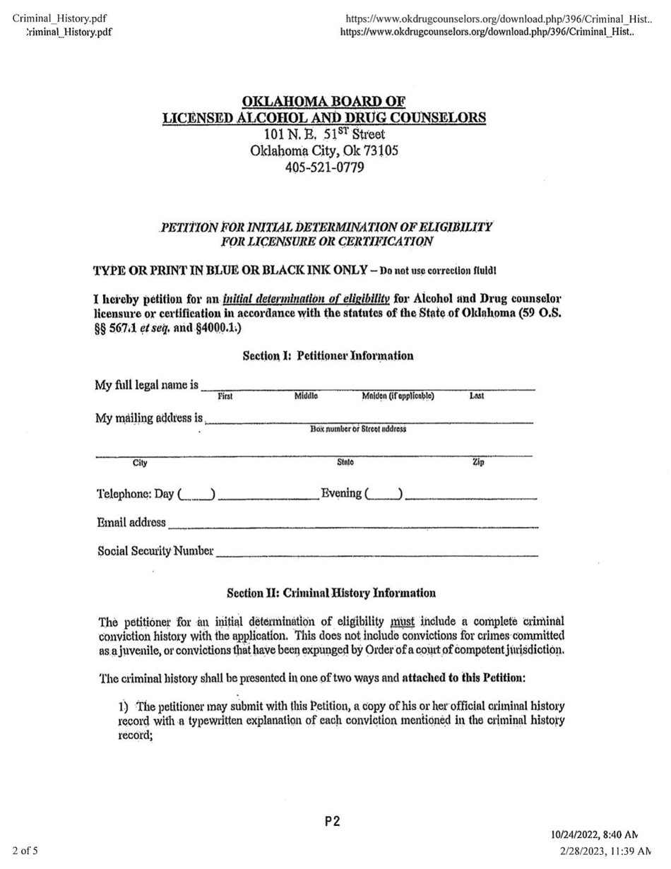 Petition for Initial Determination of Eligibility for Licensure or Certification - Oklahoma, Page 2
