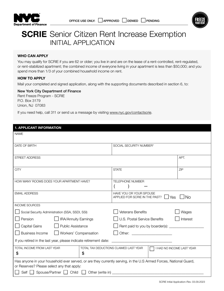 Senior Citizen Rent Increase Exemption Initial Application - New York City, Page 1