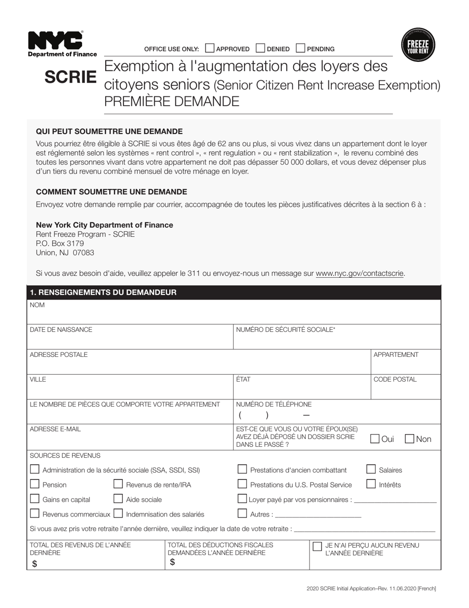 Senior Citizen Rent Increase Exemption Initial Application - New York City (French), Page 1