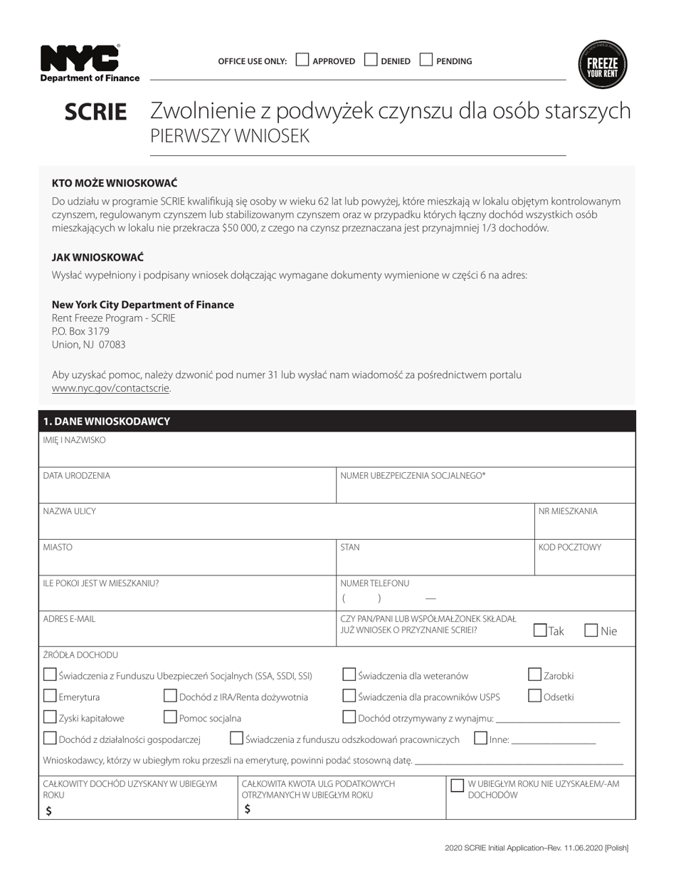 Senior Citizen Rent Increase Exemption Initial Application - New York City (Polish), Page 1