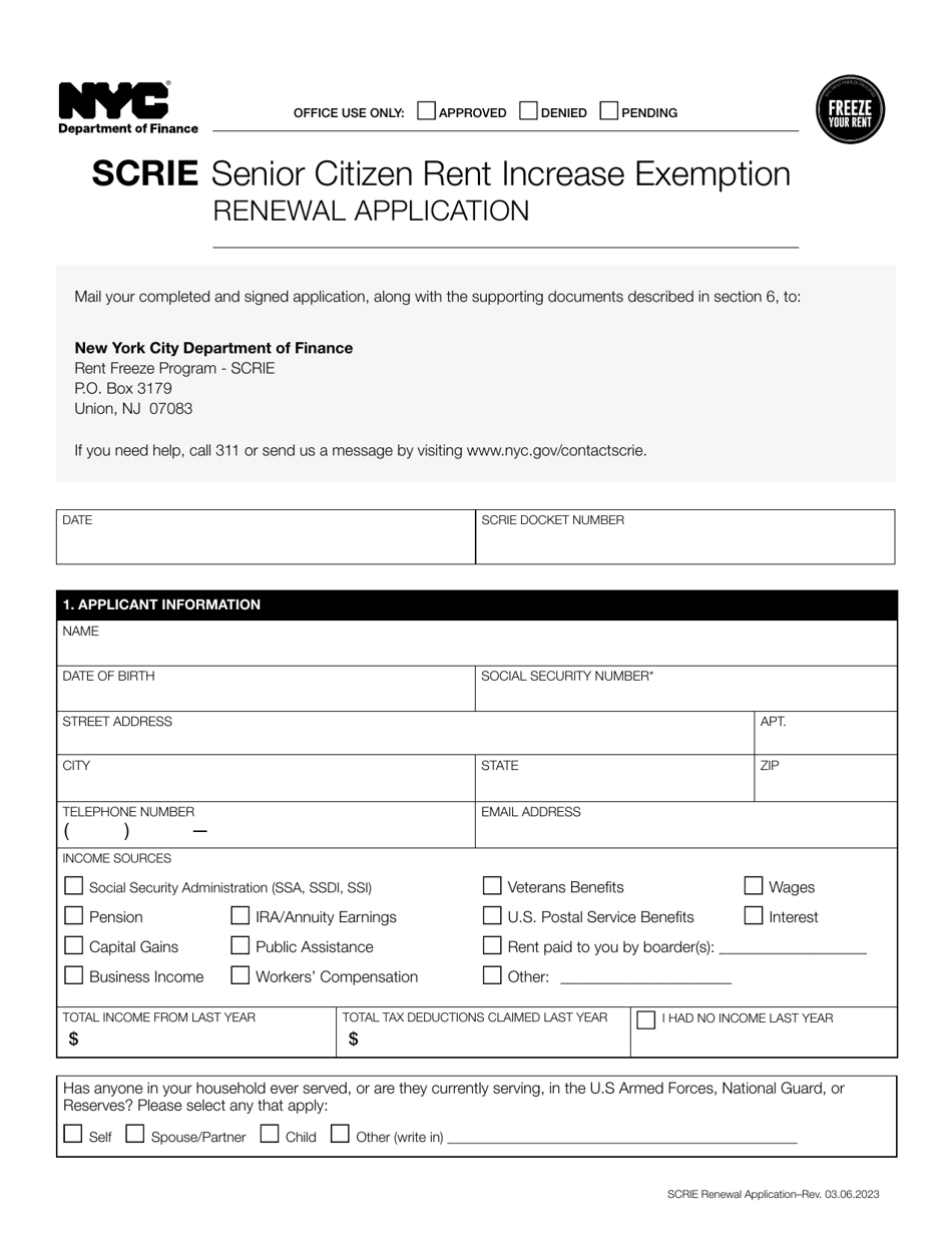 Senior Citizen Rent Increase Exemption Renewal Application - New York City, Page 1