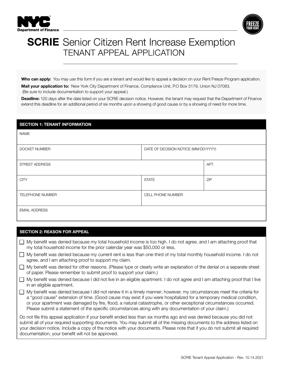 Senior Citizen Rent Increase Exemption (Scrie) Tenant Appeal Application - New York City, Page 1