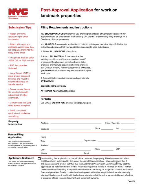 Post-approval Application for Work on Landmark Properties - New York City Download Pdf