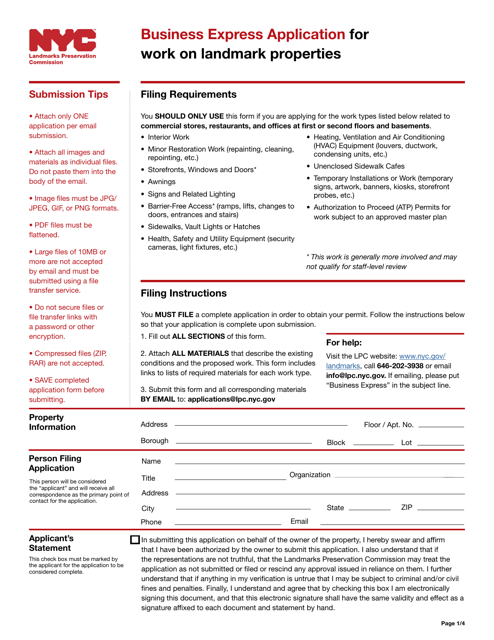 Business Express Application for Work on Landmark Properties - New York City Download Pdf