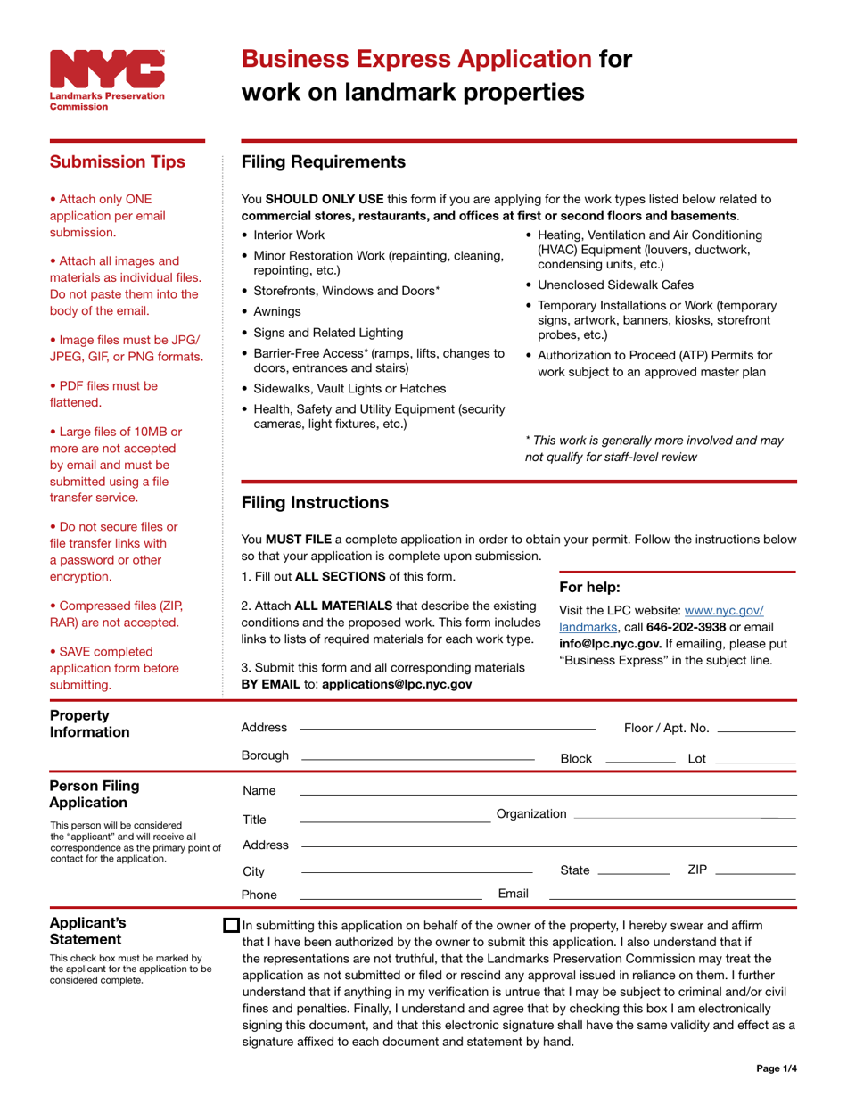 Business Express Application for Work on Landmark Properties - New York City, Page 1