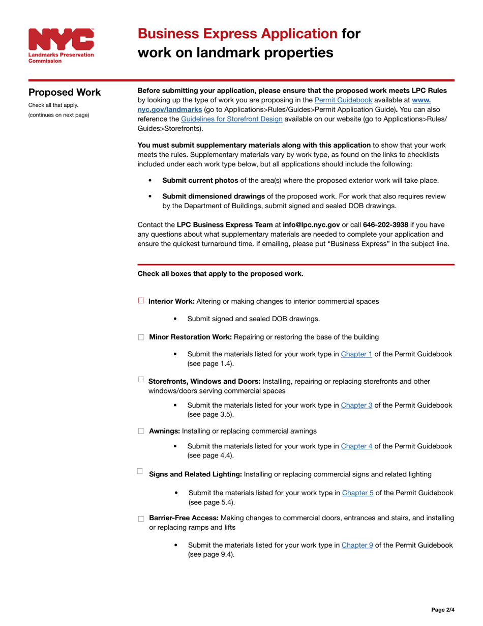 Business Express Application for Work on Landmark Properties - New York City, Page 2