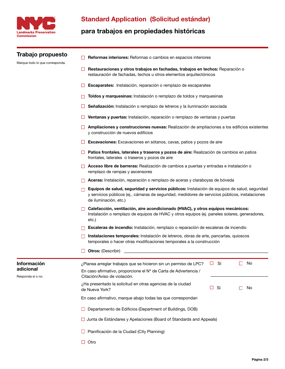 Solicitud Estandar Para Trabajos En Propiedades Historicas - New York City (Spanish), Page 2