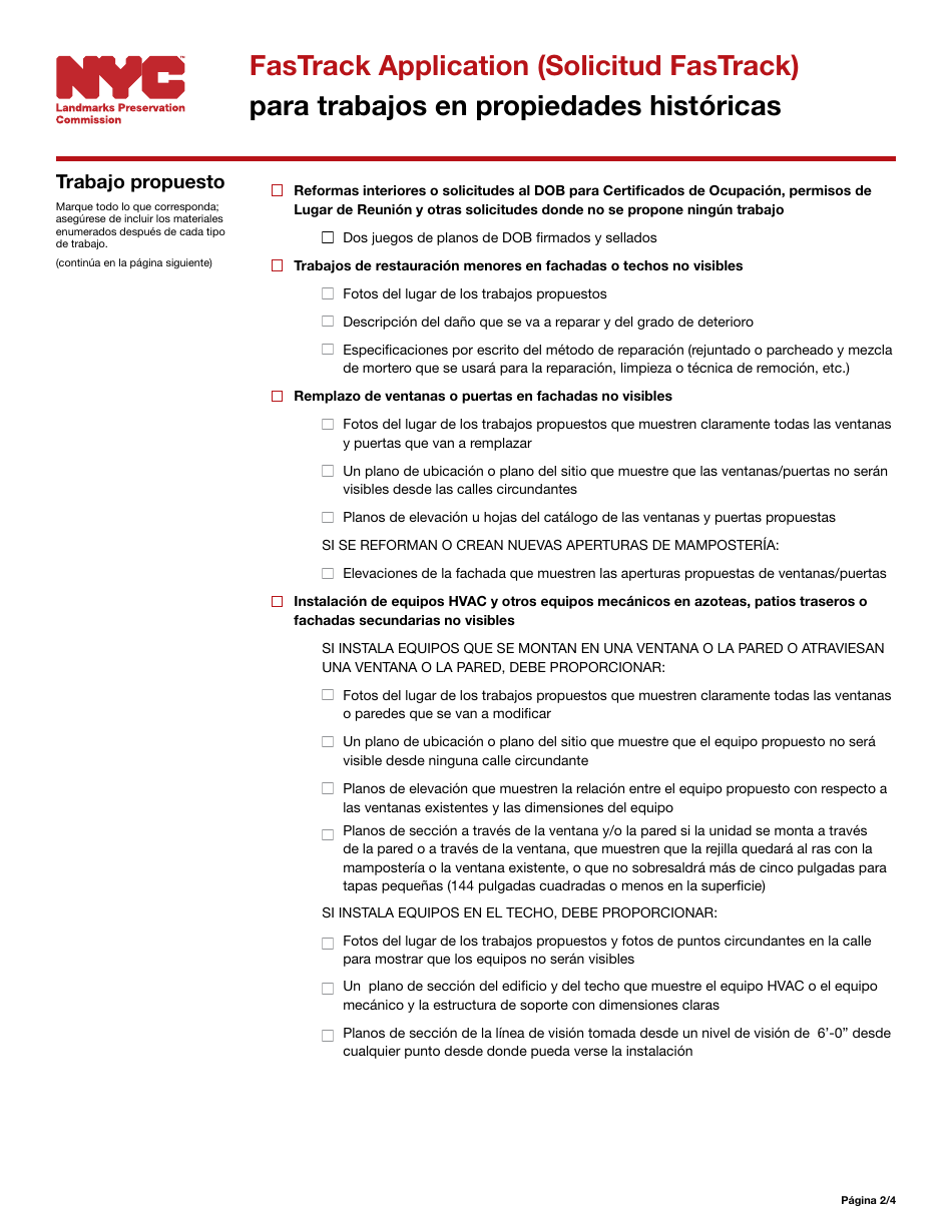 Solicitud Fastrack Para Trabajos En Propiedades Historicas - New York City (Spanish), Page 2