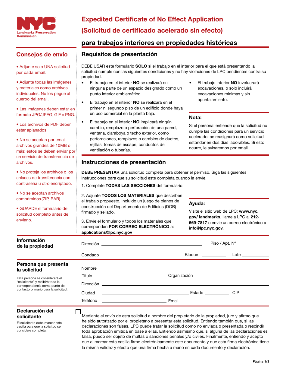 Solicitud De Certificado Acelerado Sin Efecto Para Trabajos Interiores En Propiedades Historicas - New York City (Spanish), Page 1
